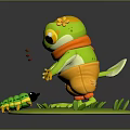Green Cartoon Chameleon Wearing Orange Scarf Shorts On Grass With Green Insect And Plants