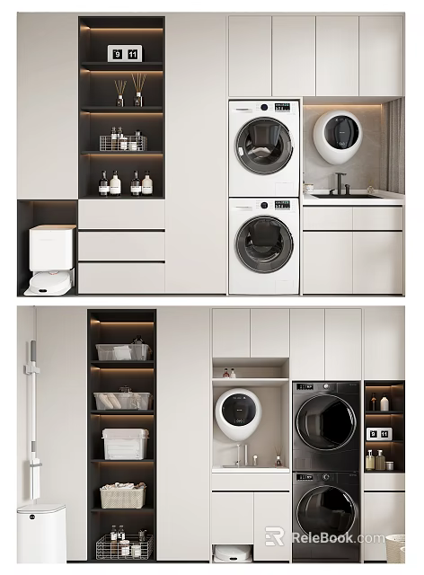 Modern White Laundry Room Interior With Washer Dryer Cabinetry And Storage Baskets 3d model 