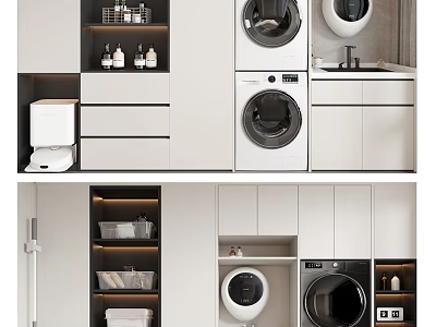 Modern White Laundry Room Interior With Washer Dryer Cabinetry And Storage Baskets 3d model