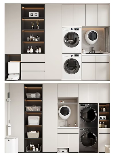Modern White Laundry Room Interior With Washer Dryer Cabinetry And Storage Baskets 3d model