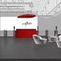 Modern Lobby Area With Red Reception Desk STAR Logo White Sofas And People Seating
