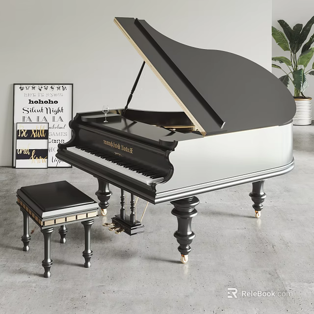 Elegant Black Grand Piano with Matching Stool and Art Poster in Modern Room Interior 3d model 