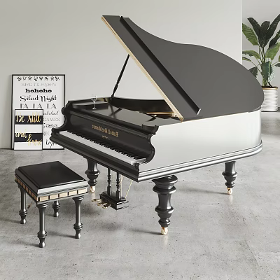 Elegant Black Grand Piano with Matching Stool and Art Poster in Modern Room Interior 3d model