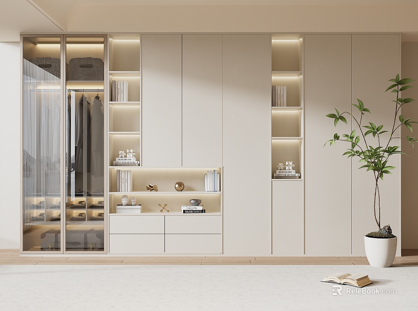 Modern Wardrobe Design With Glass Doors LED Lighting And Open Storage Shelves 3d model 