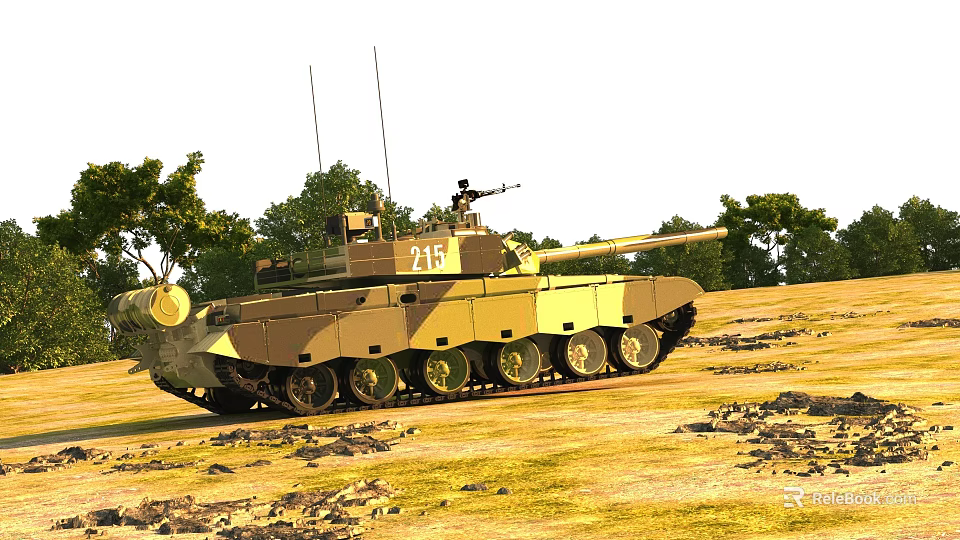 Camouflaged Military Tank with Cannon Antennas and Number 215 in Outdoor Field with Trees and Grassy Terrain 3d model 