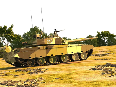 Camouflaged Military Tank with Cannon Antennas and Number 215 in Outdoor Field with Trees and Grassy Terrain 3d model
