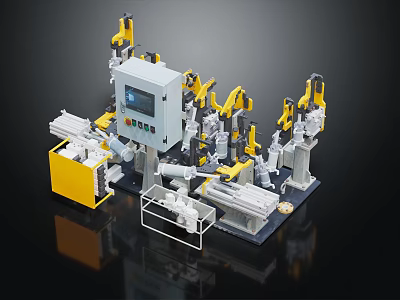 Industrial Automated Equipment With Multiple Robotic Arms Control Panel And Yellow White Components 3d model