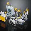 Industrial Automated Equipment With Multiple Robotic Arms Control Panel And Yellow White Components