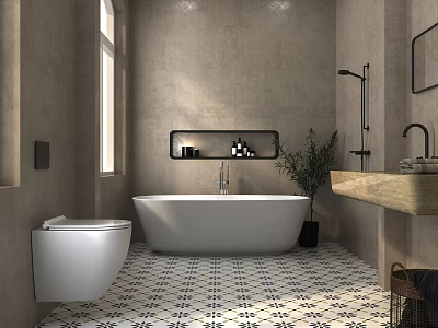 Modern Bathroom With White Bathtub Toilet Wooden Sink Counter Green Plant And Geometric Floor Tiles 3d model