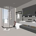 Modern Bathroom Interior Design With Glass Shower White Vanity Mirror And Green Plant