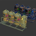 Various Industrial Mechanical Pumps With Pipeline Connections And Different Colors