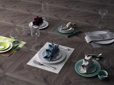 Elegant Tableware Set with Plates Napkins Cutlery and Wine Glasses for Dining Table Setup 3d model