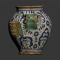 Antique Decorative Vase With Green Handles Blue Yellow Floral Patterns And LASORBITO Inscription