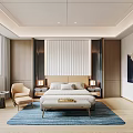 Modern Bedroom Interior With Bed Nightstands Table Lamps Armchair Blue Rug And Wall Art