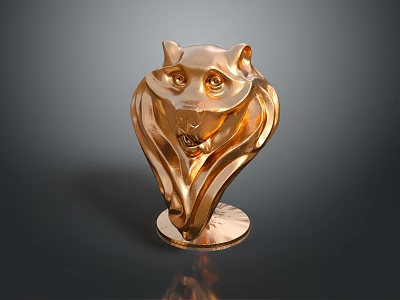 Detailed Golden Lion Head Game Movie Character Sculpture With Shiny Surface And Base 3d model