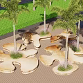 Flower Shaped Natural Stone Tree Planters With Palm Trees And Purple Flowers On Wooden Deck