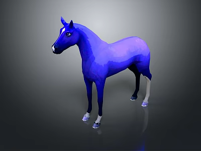 Shiny Blue Horse 3D Model With Reflective Surface Standing On Gray Background 3d model