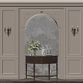 Elegant Modern Entryway Console Cabinet With Carved Archway Patterned Wallpaper Wall Sconces Vase And Plants