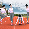 Woman Doing Various Exercise Poses On Red Running Track In Stadium