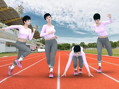 Woman Doing Various Exercise Poses On Red Running Track In Stadium 3d model