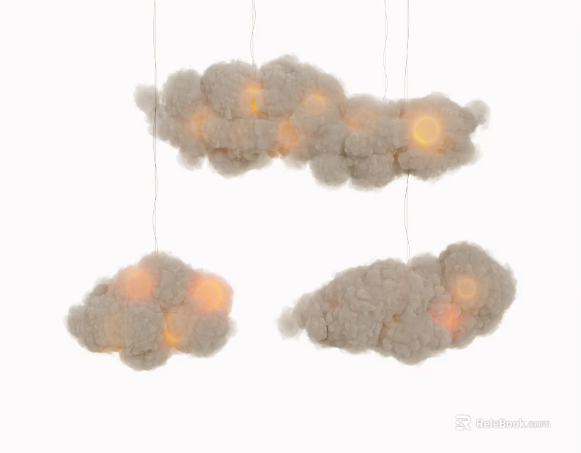 Fluffy Cloud Shaped Chandeliers With Lit Interior Hanging As Decorative Lighting Fixtures 3d model 