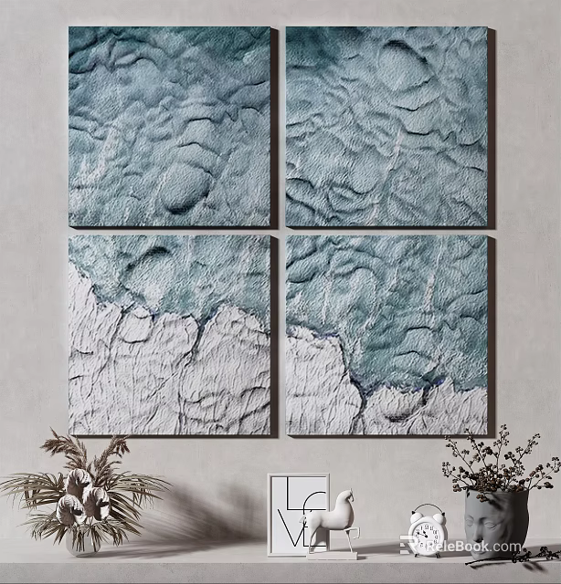 Four Panel Textured Abstract Canvas Art With Blue White Natural Patterns For Wall Decor 3d model