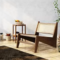 Wooden Leisure Chair With Woven Backrest Side Table Plant And Rug On Wooden Floor