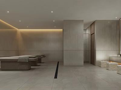 Luxurious SPA Sauna Interior Design With Wooden Benches And Relaxation Massage Beds 3d model