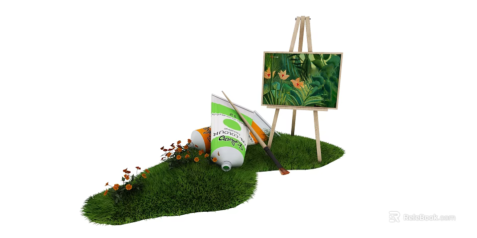 Artistic Setup with Easel Painting Paint Tubes Brushes on Green Grass and Small Flowers 3d model 