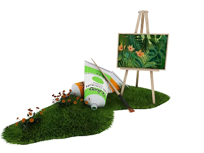 Artistic Setup with Easel Painting Paint Tubes Brushes on Green Grass and Small Flowers 3d model