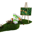 Artistic Setup with Easel Painting Paint Tubes Brushes on Green Grass and Small Flowers