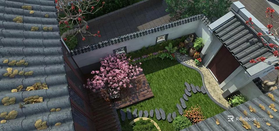 Traditional Garden Landscape With Green Grass Wooden Deck Stone Path And Red Flowering Trees 3d model 