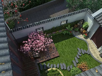 Traditional Garden Landscape With Green Grass Wooden Deck Stone Path And Red Flowering Trees 3d model
