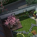 Traditional Garden Landscape With Green Grass Wooden Deck Stone Path And Red Flowering Trees