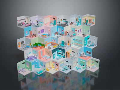 Cartoon Scenery 3D Model Featuring Multi Layered Hexagonal Structure With Colorful Rooms And Furniture 3d model