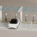 White Electric Car Charging At Station With Multiple Charging Piles And Canopy