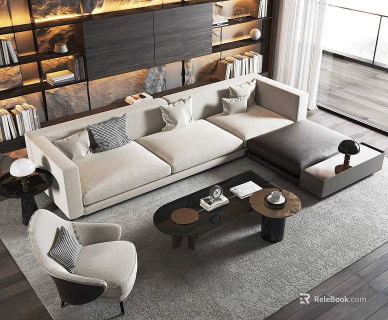 Modern Beige Sofa Coffee Table Set In Living Room With Ottoman And Accent Chair 3d model 