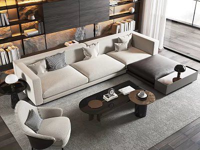Modern Beige Sofa Coffee Table Set In Living Room With Ottoman And Accent Chair 3d model