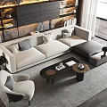 Modern Beige Sofa Coffee Table Set In Living Room With Ottoman And Accent Chair