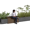 Outdoor Landscape Seat With Wooden Surface And Concrete Planters Surrounded By Green Plants
