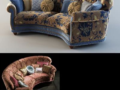 Curved Sofa with Floral Patterns Decorative Pillows and Vibrant Blue Gold Pink Tones 3d model