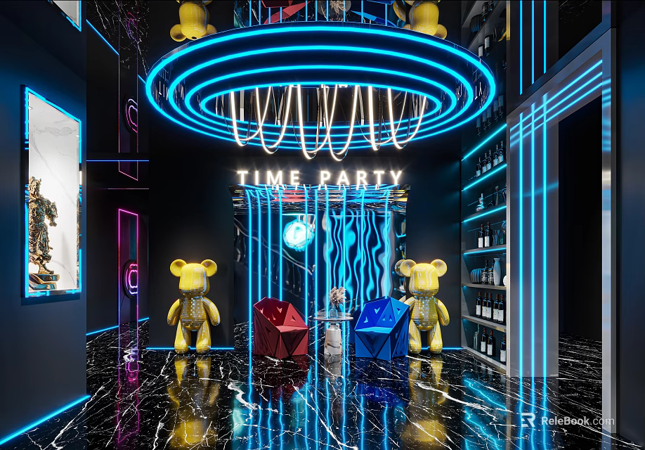 Modern KTV Interior With Neon Lights And Creative Decorations 3d model