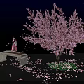 Cartoon Scene Featuring Night Sky Stars Pink Cherry Blossom Tree Stone Guzheng Girl Scattered Petals