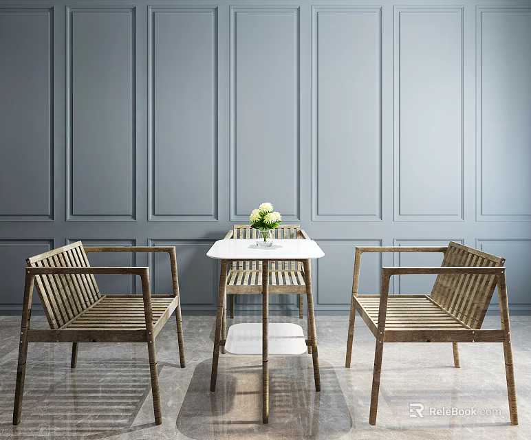 Wicker Chairs And White Tabletop Set In Light Blue Wall Room With Flower Vase 3d model 