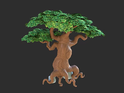 Whimsical Cartoon Tree Scene With Twisted Trunk Lush Green Leaves And Curly Roots 3d model