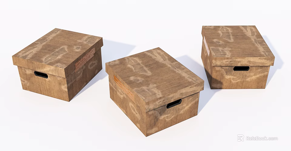 Three Brown Wooden Storage Boxes With Handles And Decorative Patterns 3d model 