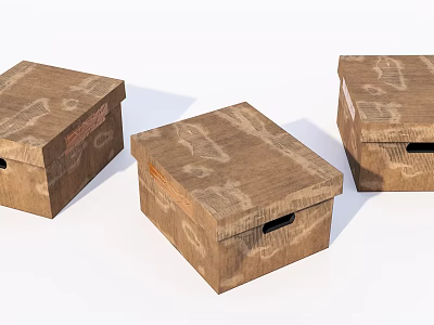 Three Brown Wooden Storage Boxes With Handles And Decorative Patterns 3d model