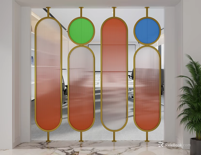 Colorful Interior Screen With Metal Frame And Glass Panels 3d model 