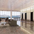 Modern Office Reception Area With Marble Desk Wooden Slat Wall And Large Glass Windows