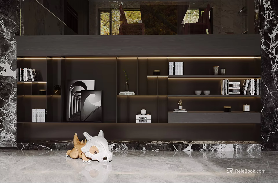 Modern Dark Decorative Wall Cabinets With Art Books And Sculptures 3d model 